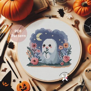 Korsstygnsmönster med spöken: Halloween-broderidesign (PDF-mönster)