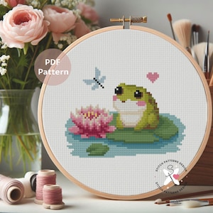 かわいいカエルのクロスステッチパターン、動物の刺繍（PDFパターン）