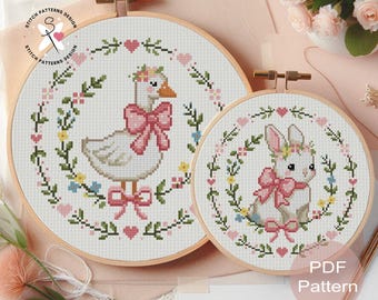 Set von 2 Frühling Kreuzstichmuster Ente und Häschen - Anfängerfreundlich (PDF-Muster)