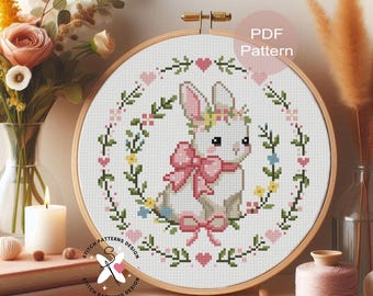 Hase mit Schleife Kreuzstichmuster - Anfängerfreundliche Stickerei (PDF-Muster)