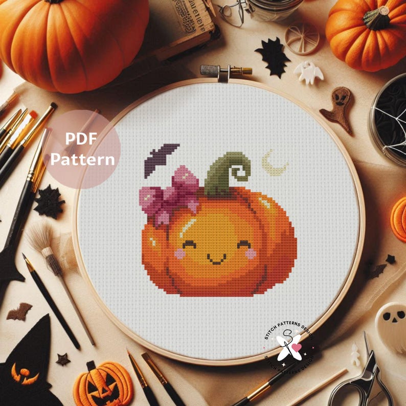 Cute Pumpkin Cross Stitch Pattern: Halloween Embroidery (PDF Pattern) image 1