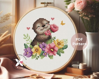 Otter Cross Stitch Pattern, Floral Embroidery (PDF Pattern)