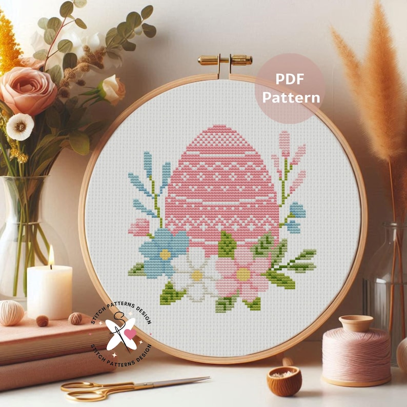 Pink Easter Egg Cross Stitch Pattern: Floral DIY Embroidery (PDF Pattern) image 6