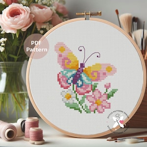 Butterfly & Flowers Cross Stitch Pattern, Floral Design (PDF Download)