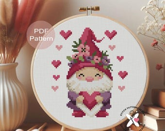 Wichtel mit Herz Kreuzstichmuster Valentinstag Stickdatei PDF