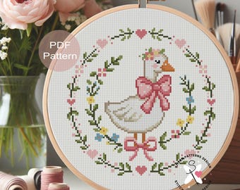 Ente mit einer Schleife Kreuzstichmuster - Anfängerfreundliche Stickerei (PDF-Muster)