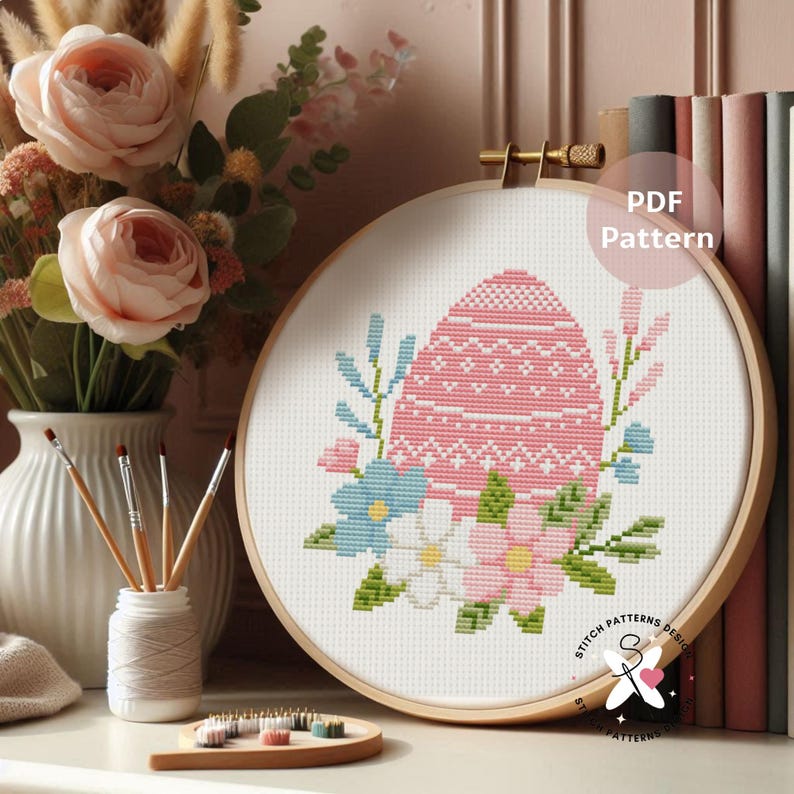Pink Easter Egg Cross Stitch Pattern: Floral DIY Embroidery (PDF Pattern) image 5