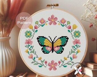 Green Butterfly Cross Stitch Pattern: Floral Design (PDF Download)