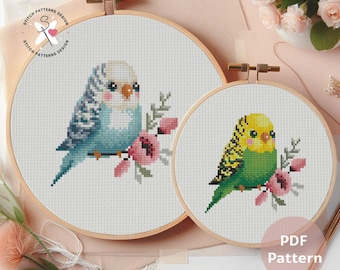 セキセイインコのクロスステッチパターン：水彩画風の鳥の刺繍（PDF