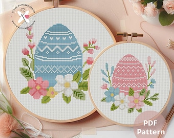 Easter Egg Cross Stitch Pattern Set: Floral Design (PDF Downloadable Patterns for 2 Designs)