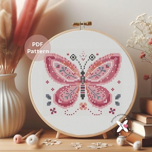 Pink Butterfly Cross Stitch Pattern: Modern Floral Design (PDF Download)