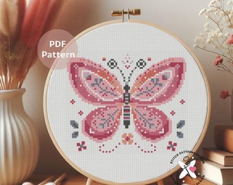Pink Butterfly Cross Stitch Pattern: Modern Floral Design (PDF Download)