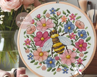 Kreuzstich-Muster Biene Stickdatei Frühling (PDF-Muster)