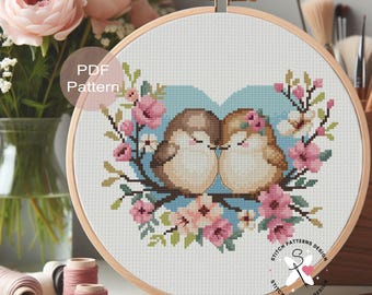 Vogel Paar Kreuzstich Muster, Frühlingsstickerei (PDF Muster)