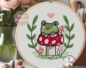 Frog in Mushroom Cross Stitch Pattern for beginners, Animal Embroidery  (PDF Pattern)