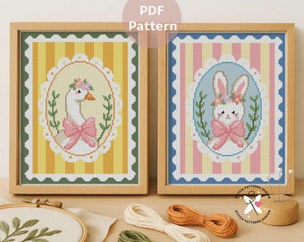Romantisches vintage Kreuzstichmuster 2er Set: Gans und Hase PDF Stickmuster