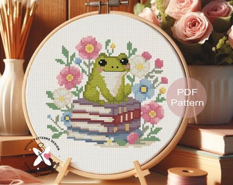 Frog with books Cross Stitch Pattern, Animal Embroidery (PDF Pattern)