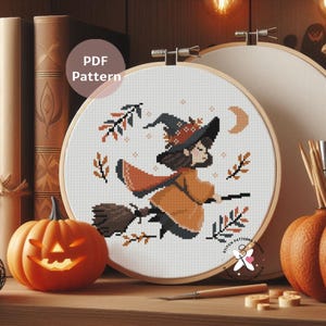 Witch Cross Stitch Pattern: Halloween Embroidery Design (PDF Pattern)