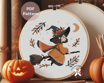 Witch Cross Stitch Pattern: Halloween Embroidery Design (PDF Pattern)