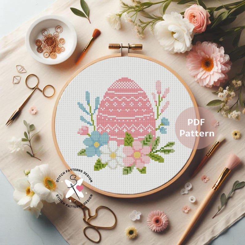 Pink Easter Egg Cross Stitch Pattern: Floral DIY Embroidery (PDF Pattern) image 7