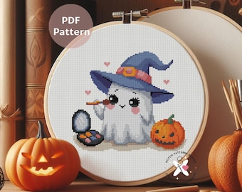 Cute Ghost Witch Cross Stitch Pattern: Halloween Embroidery (PDF Pattern)