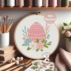 Pink Easter Egg Cross Stitch Pattern: Floral DIY Embroidery (PDF Pattern) image 4