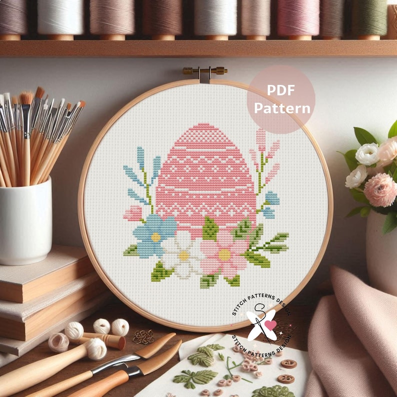 Pink Easter Egg Cross Stitch Pattern: Floral DIY Embroidery (PDF Pattern) image 4