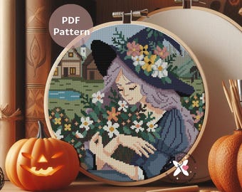 Modèle de point de croix Fille avec des fleurs : broderie d'Halloween (Modèle PDF)