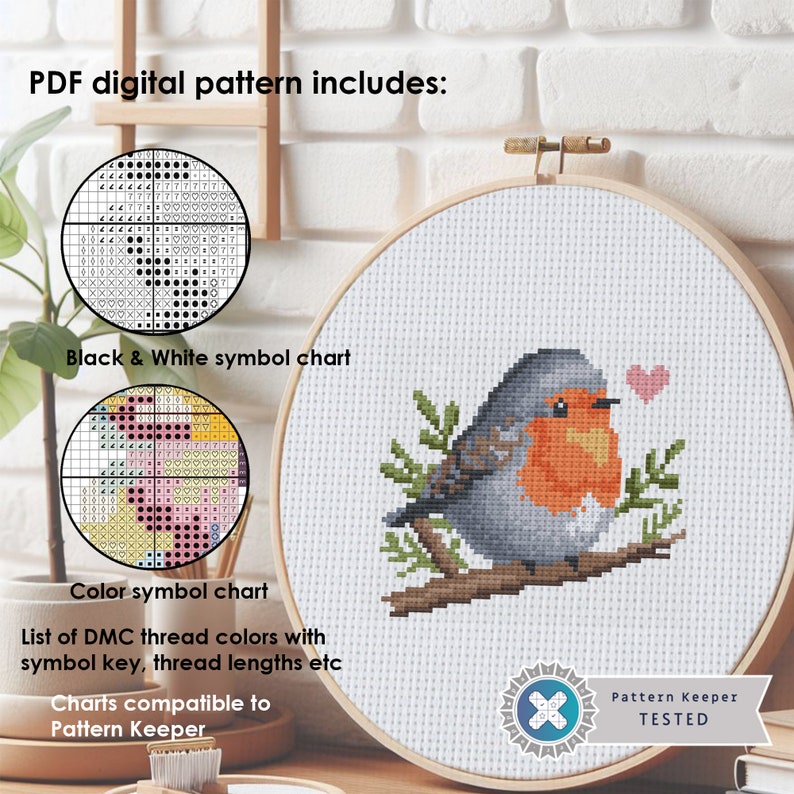 May include: A PDF digital cross stitch pattern for a cute robin bird with a heart. The pattern includes a color symbol chart, a black and white symbol chart, and a list of DMC thread colors with symbol key, thread lengths, and other information. The pattern is compatible with Pattern Keeper software.