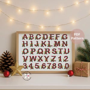 Könnte beinhalten: Ein gerahmtes Kreuzstich-Alphabet und Zahlen in roten, grünen und goldenen Weihnachtsfarben. Die Buchstaben und Zahlen sind mit Stechpalmen und Beeren verziert. Ein goldener Stern, ein Tannenzapfen und ein verpacktes Geschenk befinden sich im Vordergrund.