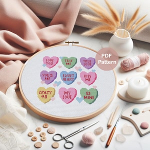 Candy Hearts cross stitch pattern PDF | Valentine's Day Cross stitch Pattern | Instant download
