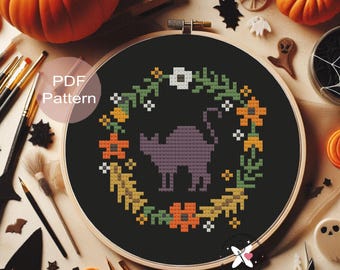Cat Cross Stitch Pattern: Small Cozy Halloween Design (PDF Pattern)