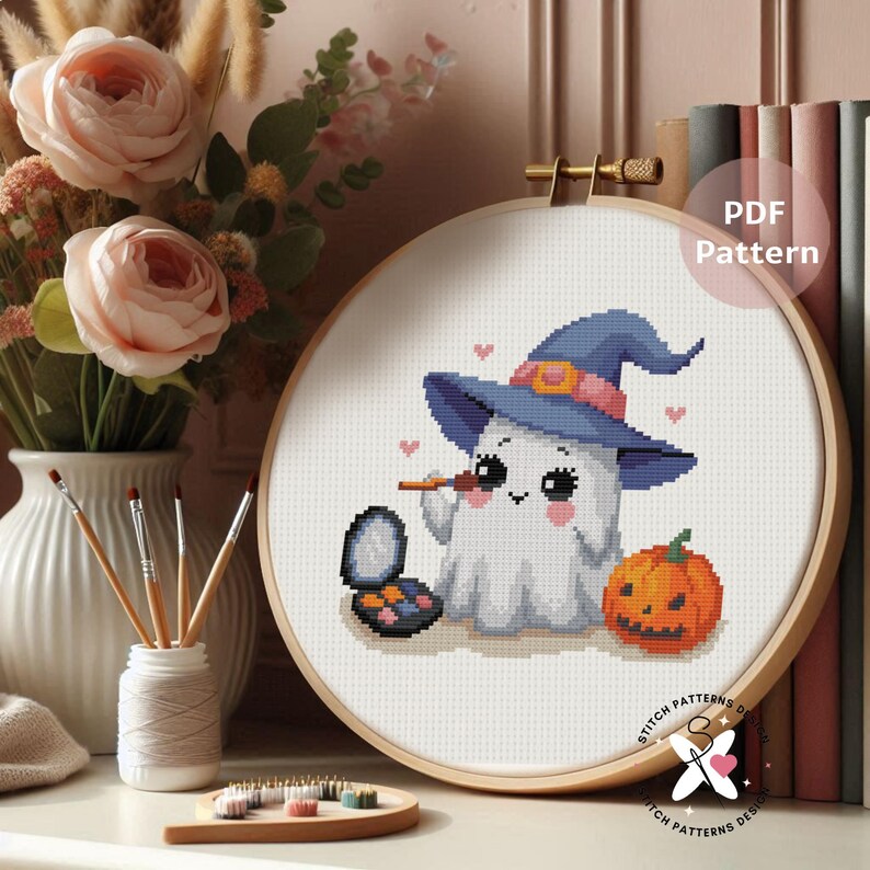 Cute Ghost Witch Cross Stitch Pattern: Halloween Embroidery (PDF ...