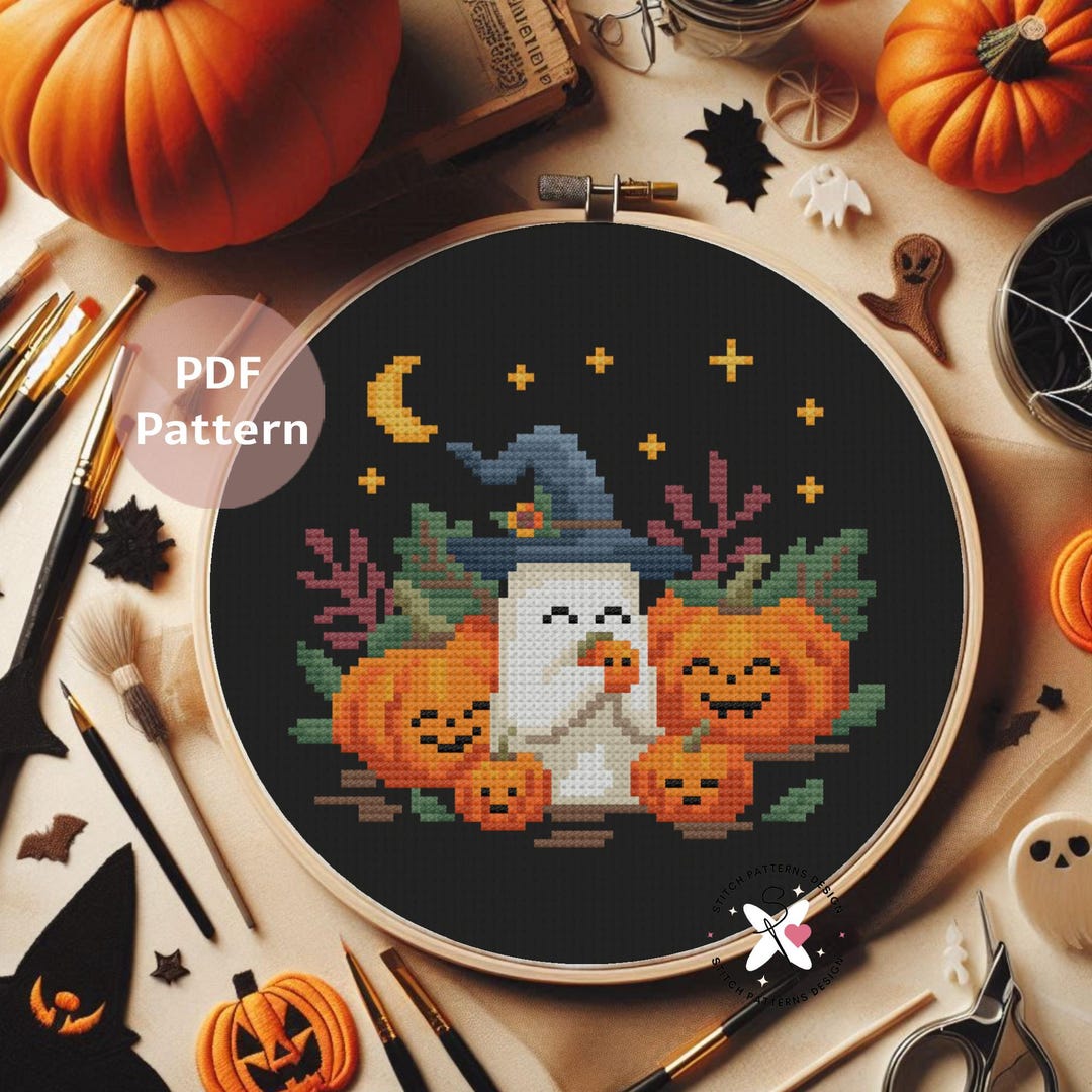 Ghost With Pumpkins Cross Stitch Pattern: Cozy Halloween Design (PDF ...