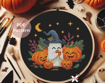 Modèle de point de croix Fantôme avec citrouilles : design d'Halloween douillet (Modèle PDF)