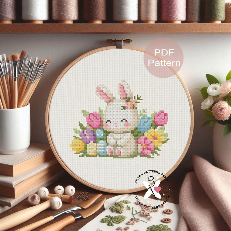 Easter Bunny Cross Stitch Pattern, Spring Flowers (PDF Pattern) - Etsy