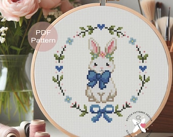 Hase mit blauer Schleife Kreuzstichmuster - anfängerfreundlich (PDF-Muster)