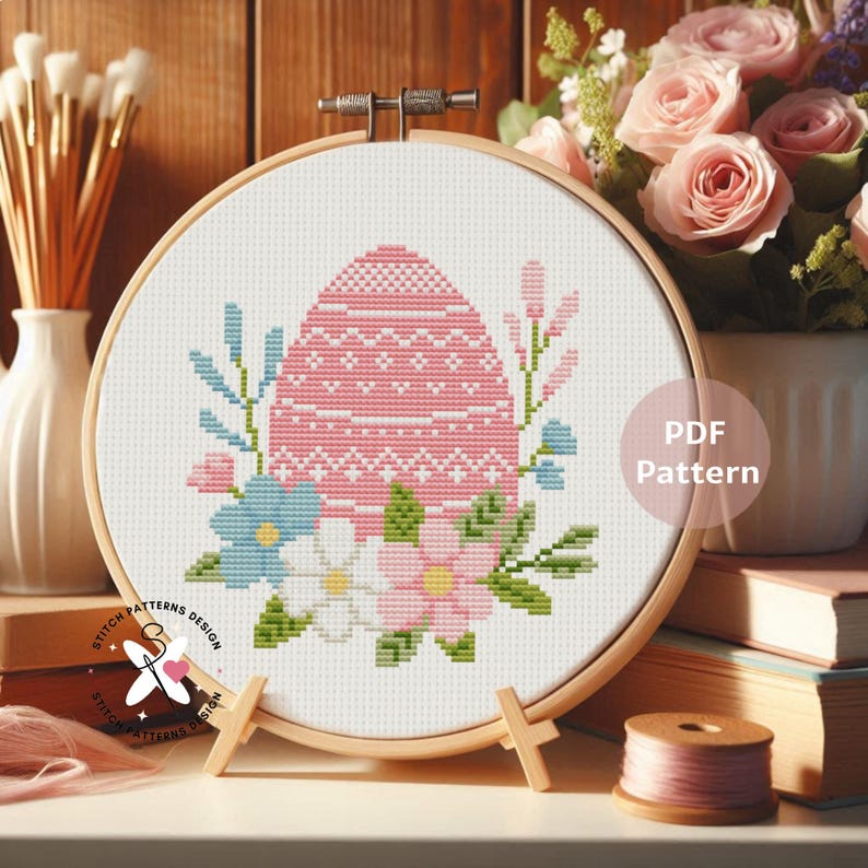 Pink Easter Egg Cross Stitch Pattern: Floral DIY Embroidery (PDF Pattern) image 9