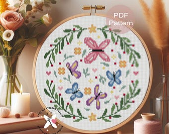 Butterfly Wreath Cross Stitch Pattern, spring design (PDF Pattern)