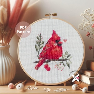 Patrón de punto de cruz de Cardenal Norteño: Diseño de bordado de pájaro (Patrón PDF)