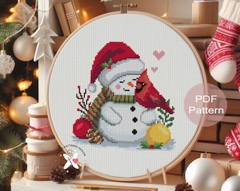 Kreuzstich-Muster: Schneemann und Nordkardinal: DIY Weihnachtsschmuck (PDF-Muster)