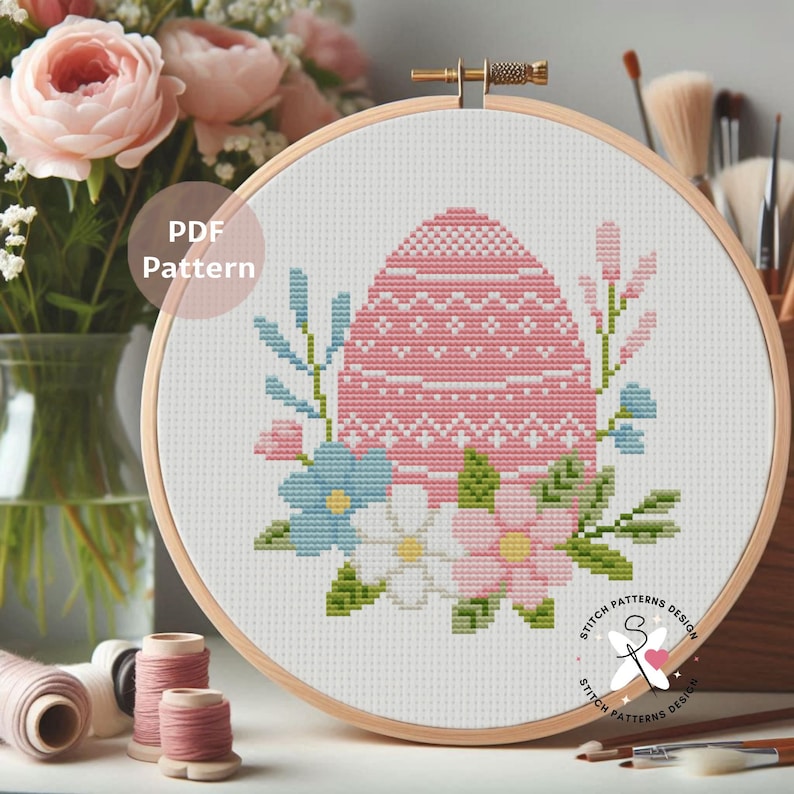 Pink Easter Egg Cross Stitch Pattern: Floral DIY Embroidery (PDF Pattern) image 10