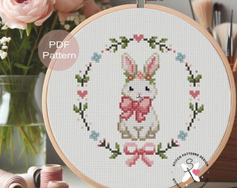 Hase mit rosa Schleife Kreuzstichmuster - anfängerfreundlich (PDF-Muster)