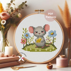Puede incluir: Un patrón de punto de cruz con un ratón gris sosteniendo queso, rodeado de flores azules y rosas y hierba verde. El diseño está dentro de un bastidor de bordado de madera. El texto "PDF Pattern" es visible.