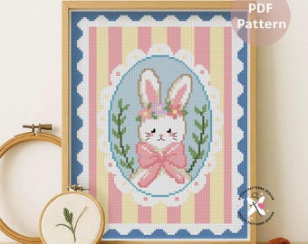 Hase mit Schleife Kreuzstich-Muster Vintage romantisches Design (PDF-Muster)