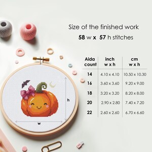 May include: Cross stitch pattern of a cute pumpkin with a pink bow and bat wings. The pattern is 58 stitches wide and 57 stitches high. The finished size of the pattern is 4.10 inches by 4.10 inches on 14 count Aida cloth.