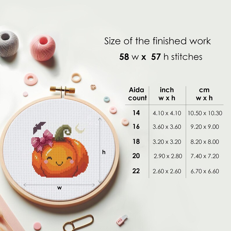 May include: Cross stitch pattern of a cute pumpkin with a pink bow and bat wings. The pattern is 58 stitches wide and 57 stitches high. The finished size of the pattern is 4.10 inches by 4.10 inches on 14 count Aida cloth.