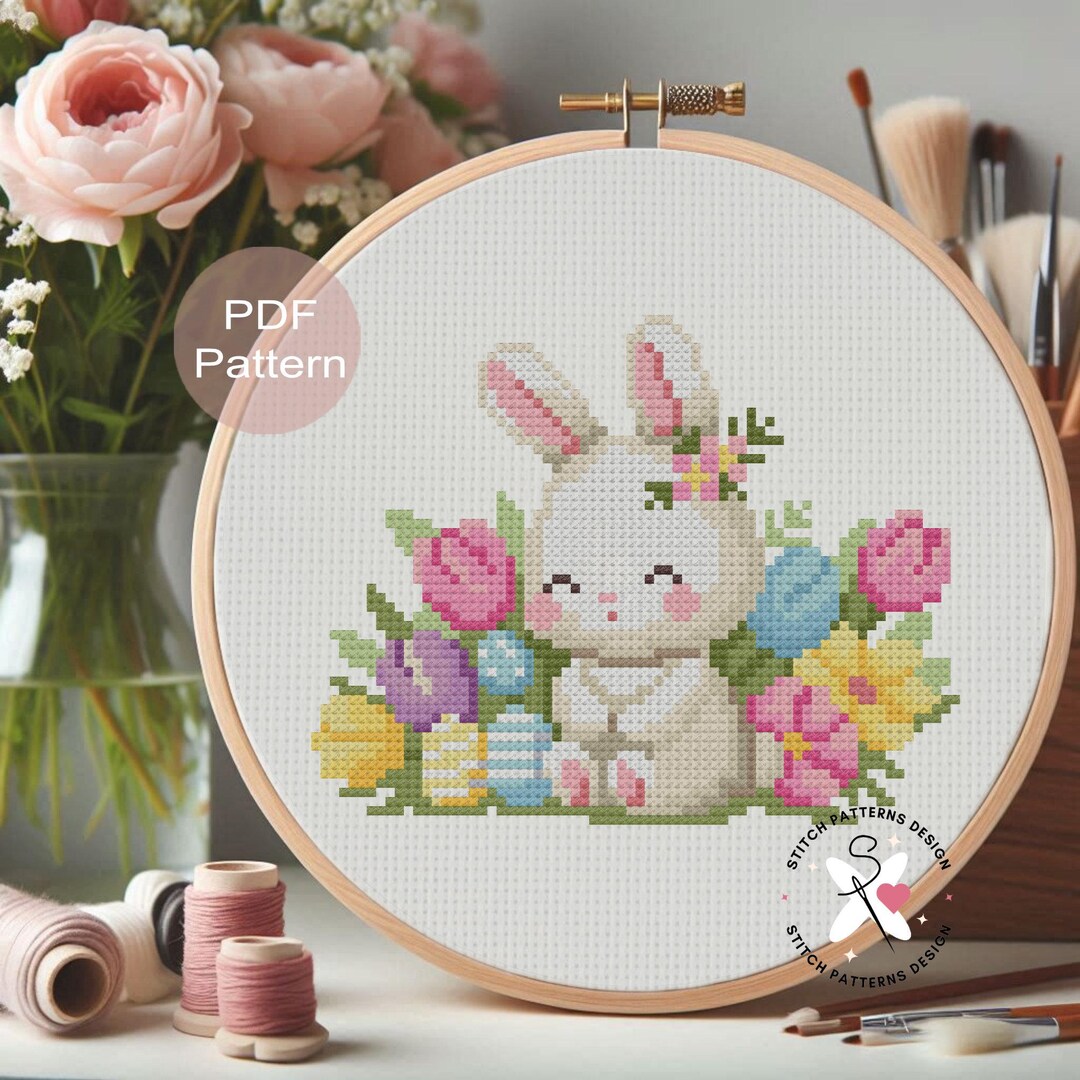 Easter Bunny Cross Stitch Pattern, Spring Flowers (PDF Pattern) - Etsy