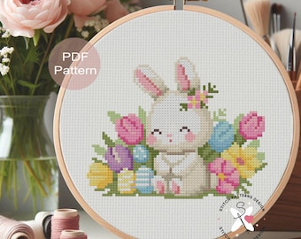 Osterhasen Kreuzstich-Muster, Frühlingsblumen (PDF-Muster)