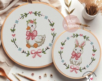 Set mit 2 kleinen Kreuzstichmustern Ente und Häschen - Anfängerfreundlich (PDF-Muster)